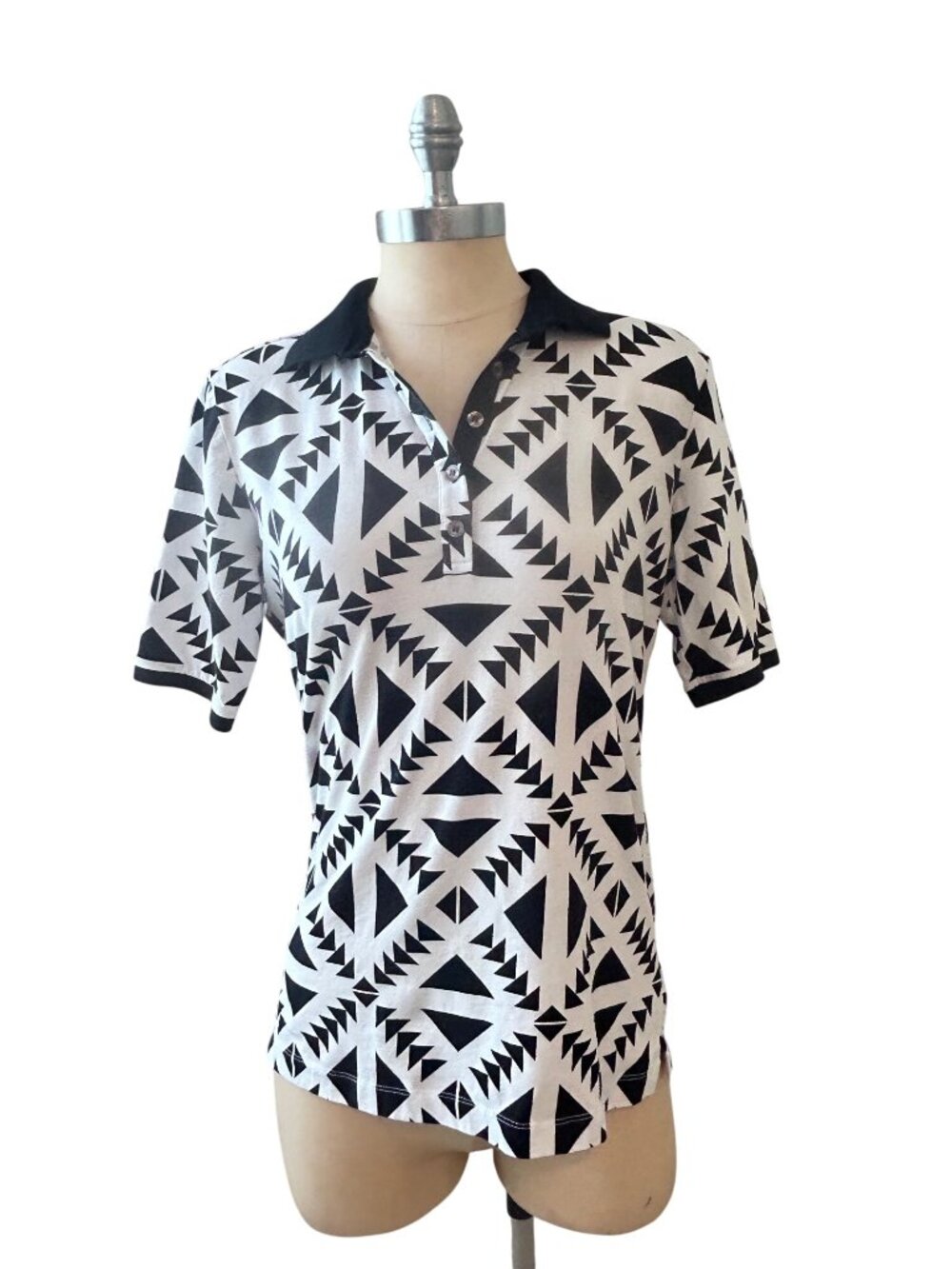 Bogner Womens Geometric Print Polo Shirt Black & White Cotton Blend EU 40 US 10